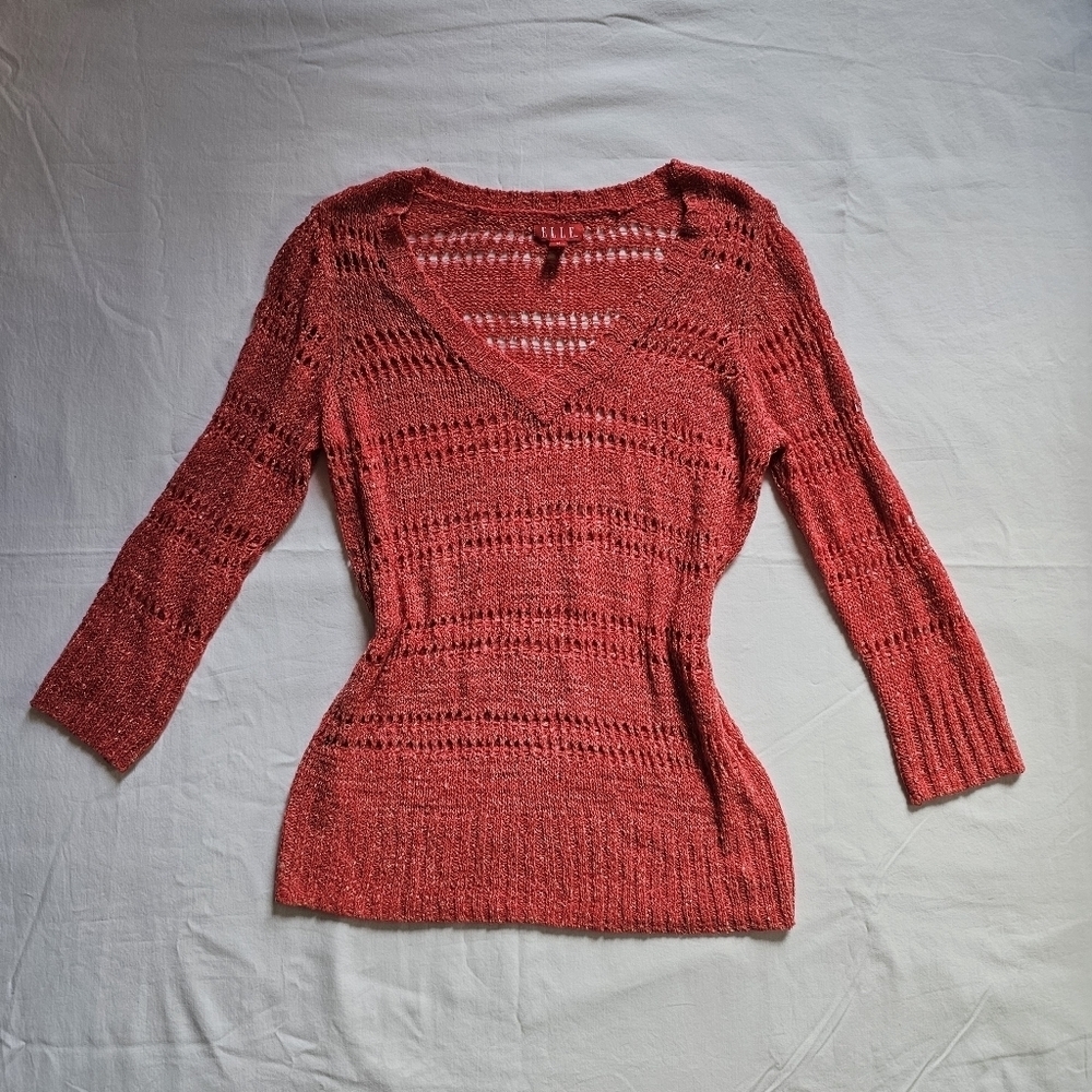 Elle knitted coral golden sparkles y2k elongated v-neck long-sleeve shirt Size M - Picture 1 of 7
